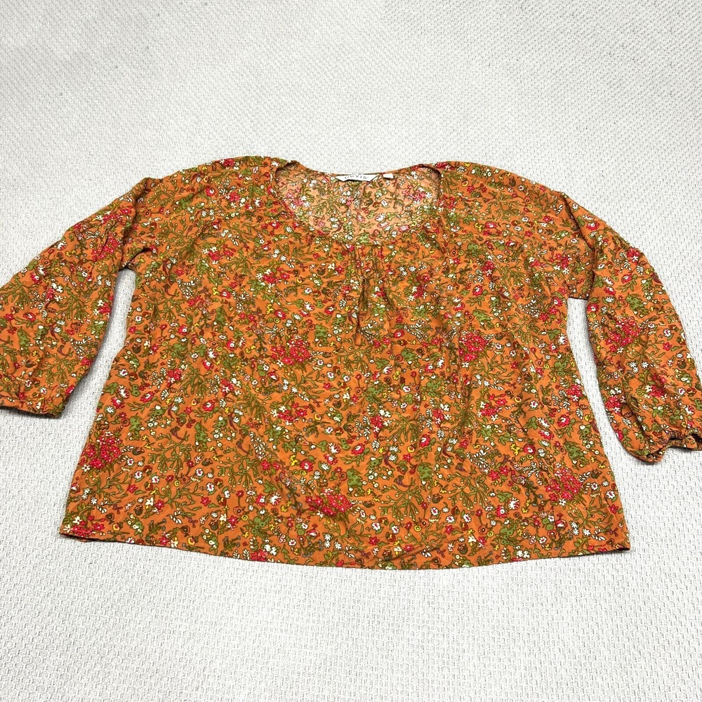 Orvis Floral Top Womens Medium Orange Rayon Boho Pattern Blouse Peasant‎